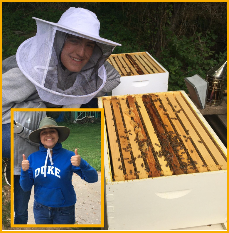 Young man in beekeeper gear next to open hive with and insert image of a young woman in beekeeper gear
