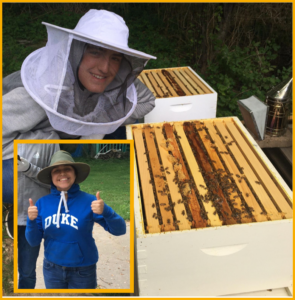 Young man in beekeeper gear next to open hive with and insert image of a young woman in beekeeper gear